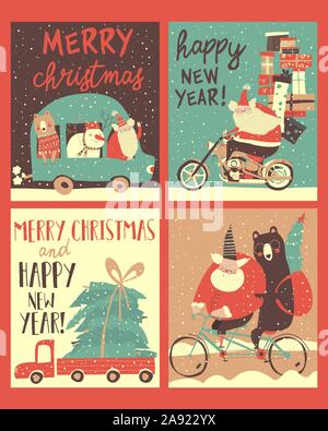 Set di cartoline di Natale con Santa s trasporto Illustrazione Vettoriale