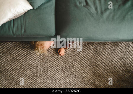 Ragazzo sotto il divano Foto Stock