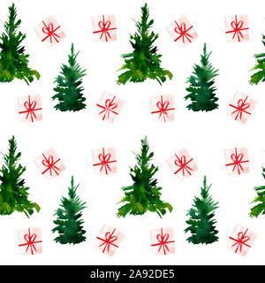 Acquerello senza giunture con alberi di abete verde. Foto Stock