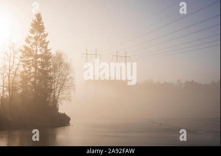 Tralicci di energia elettrica in caso di nebbia Foto Stock
