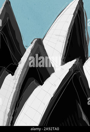 Opere d'arte, gauche su pannello, teatro dell'opera a Sydney, Australia Foto Stock