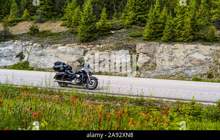 Motocicletta parcheggiata sulla strada, Icefield Parkway; Improvement District No. 12, Alberta, Canada Foto Stock