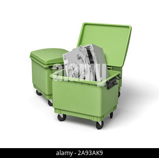 3D rendering di due verdi trash lattine, anteriore può aprire con piegato e rotto cassaforte in metallo all'interno. Foto Stock
