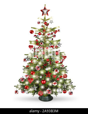 Naturale reale nordmann xmas albero di natale con rosso argento e decorazioni in legno. ninnolo star cuore e luminosa led isolato su sfondo bianco Foto Stock