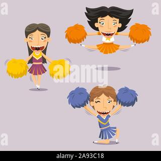 Sorridenti Cheerleader Jumping con pom pom, illustrazione vettoriale cartoon. Illustrazione Vettoriale