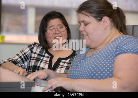 Due donne con disabilità di apprendimento che lavorano in un ufficio Foto Stock