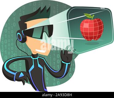 La realtà virtuale simulatore 3D auricolare, illustrazione vettoriale cartoon. Illustrazione Vettoriale