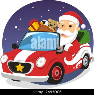 Babbo Natale alla guida di auto sportive di erogazione presenta, illustrazione vettoriale cartoon. Illustrazione Vettoriale