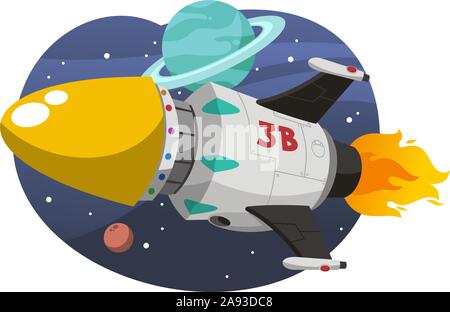 Astronave Razzo esplorazione spaziale con Saturno e stelle, illustrazione vettoriale cartoon. Illustrazione Vettoriale