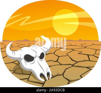 Il teschio di vacca nel deserto al tramonto, illustrazione vettoriale cartoon Illustrazione Vettoriale