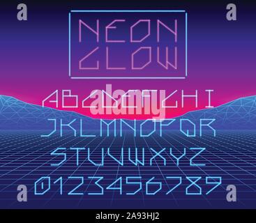 Il Neon incandescente retrò gioco laser font o un ricomposto con lettere e cifre Illustrazione Vettoriale