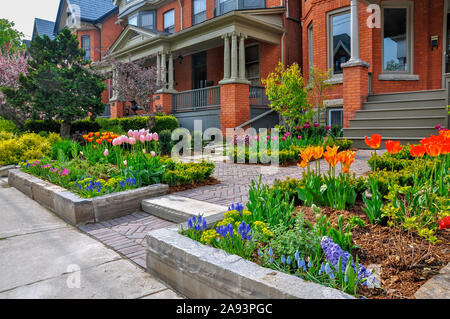 Questa bella, urban cortile anteriore Garden dispone di una grande veranda, mattone lastricatore passerella, parete di ritegno con impianti di bulbi, arbusti e piante perenni. Foto Stock