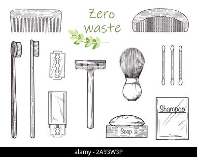 Set ecologico per un bagno. Oggetti fatti di bambù, metallo e altri materiali per l'ambiente. Rifiuti Zero. Illustrazione Vettoriale Illustrazione Vettoriale