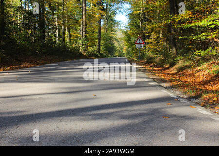 La strada attraverso autunno foresta colorata con segnaletica di pericolo non asfaltata striscia di bordo, la messa a fuoco su oggetti in primo piano Foto Stock