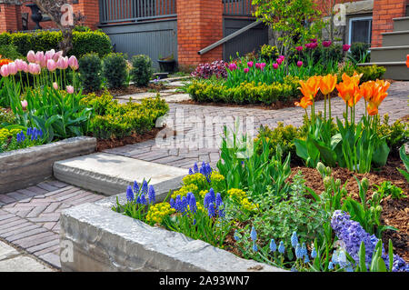 Questa bella, urban cortile anteriore Garden dispone di una grande veranda, mattone lastricatore passerella, parete di ritegno con impianti di bulbi, arbusti e piante perenni. Foto Stock