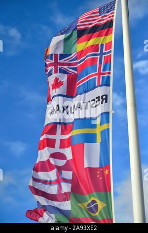 Vik, Islanda. Un banner con un assortimento di bandiere nazionali su un grande pennone utilizzato per attrarre turisti provenienti da una varietà di paesi. Foto Stock