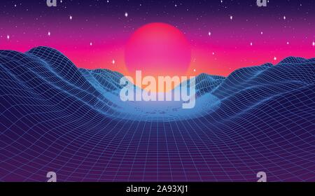 80s stile synthwave paesaggio con griglia blu delle montagne e sun oltre canyon Illustrazione Vettoriale