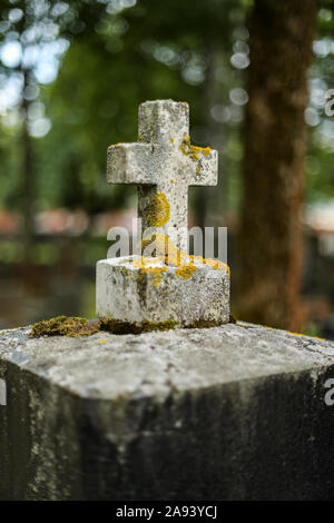Piccola croce sulla pietra tombale, coperto di licheni e muschi Foto Stock
