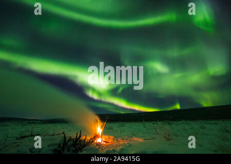 Aurora borealis riempie il cielo sopra un fuoco di driftwood sul fiume Delta; Alaska, Stati Uniti d'America Foto Stock