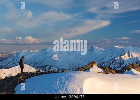 Escursionista su un crinale nella catena dell'Alaska in una prima serata estiva; Alaska, Stati Uniti d'America Foto Stock