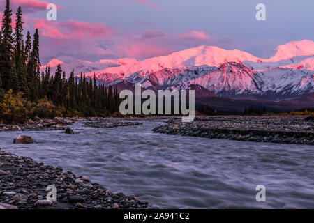 Sunset alpenglow sulla catena montuosa dell'Alaska, vista dal fiume Muddy nel Denali National Park and Preserve; Alaska, Stati Uniti d'America Foto Stock