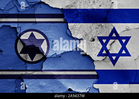 Bandiere di Israele Air Force e Israele dipinta sulla parete incrinato Foto Stock