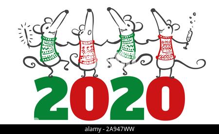 Cartoon carino mouse. 2020 Felice Anno Nuovo. Topo, ratto oroscopo segno. Anno cinese del ratto 2020. Disegnata a mano illustrazione. Illustrazione Vettoriale
