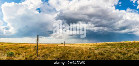 Vasti campi di terreni agricoli sulle praterie sotto un grande cielo con nuvole e una tempesta in lontananza; Val Marie, Saskatchewan, Canada Foto Stock