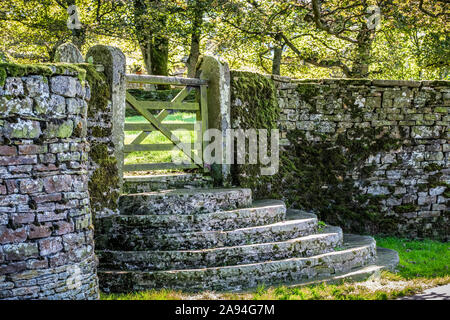 Scalini semicircolari in pietra per raggiungere un cancello che conduce a un cimitero; Carrshield, Northumberland, Inghilterra Foto Stock