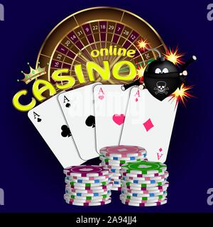Online casino banner. illustrazione vettoriale su uno sfondo blu. Illustrazione Vettoriale