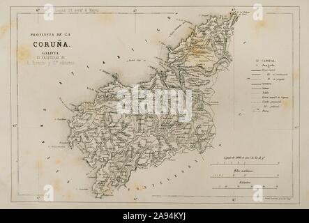 España. La Galizia. Mapa de la provincia de La Coruña. Crónica General de España, Historia Ilustrada y Descriptiva de sus Provincias. La Galizia, 1866. Biblioteca Histórico Militar de Barcelona, Cataluña, España. Foto Stock