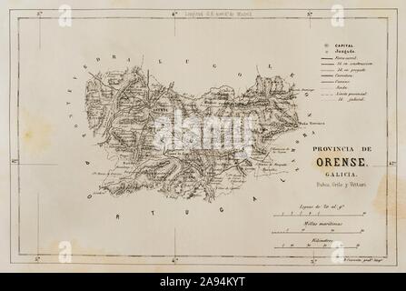 España. La Galizia. Mapa de la provincia de Orense. Crónica General de España, Historia Ilustrada y Descriptiva de sus provincias. La Galizia, 1866. Biblioteca Historico Militar de Barcelona, Cataluña, España. Foto Stock