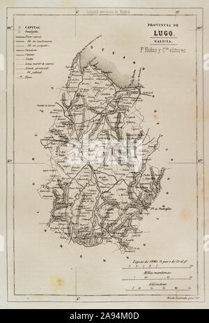 España. La Galizia. Mapa de la provincia de Lugo. Crónica General de España, Historia Ilustrada y Descriptiva de sus Provincias. La Galizia, 1866. Biblioteca Histórico Militar de Barcelona, Cataluña, España. Foto Stock