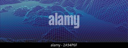 Panorama digitale con le montagne o colline fatte di griglia di linea Illustrazione Vettoriale