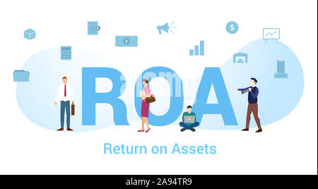 Roa return on assets concetto con grande parola o il testo e il team di persone con un moderno stile piatto - illustrazione vettoriale Foto Stock