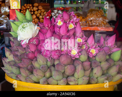 Close up di un vassoio di plastica di contenimento e bianco fuchsia lotus a fiori e boccioli di acquistare come offerta al Buddha a Preah Ang Chek Preah Ang Chorm tempio Foto Stock