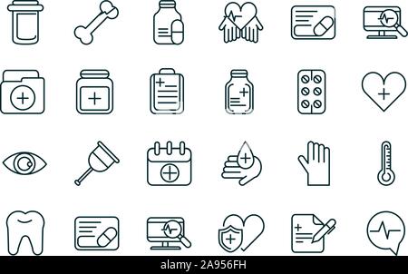 Attrezzature sanitarie medico set di icone di riempimento linea illustrazione vettoriale Illustrazione Vettoriale