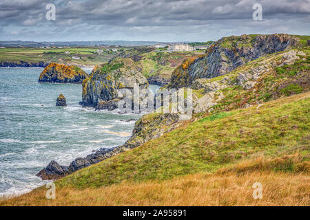 Una bella giornata autunnale sulle scogliere rocciose guardando indietro verso Mullion Cove sulla penisola di Lizard, Cornwall. La maggior area sud dell'Inghilterra. Foto Stock