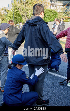 Domenica. Decimo Nov, 2019. Gli spettatori passano attraverso il controllo di sicurezza prima del Royal Parade per contrassegnare l'intronizzazione dell imperatore giapponese Naruhito in Tokyo, Giappone, domenica 10 novembre, 2019. Credito: AFLO/Alamy Live News Foto Stock