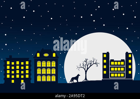 Notte cityscape silhouette in stile appartamento sfondo astratto. Foto Stock