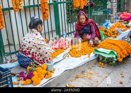 Due donne sayapatri vendita ghirlande, o fiori mairgold lungo una strada a Kathmandu. Questi fiori e ghirlande sono considerate di buon auspicio. Foto Stock