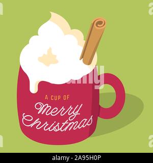 Illustrazione Vettoriale di Natale zabaione latte drink con la panna montata e la stecca di cannella in una tazza di colore rosso con una tazza di buon Natale testo. Illustrazione Vettoriale