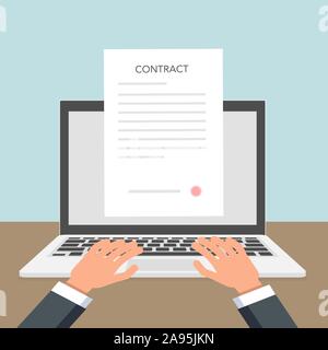 La firma di un contratto smart concetto con un computer portatile e le mani. Clip-art Illustrazione Vettoriale