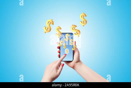 Una femmina è facendo clic sull'icona di un'app presso il suo smart phone e un sacco di icone pop up dalla schermata. Immagine ad alta risoluzione con un sacco di spazio copia pronta f Foto Stock