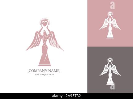 Il logo di una donna con ali tenendo un cuore nelle mani con raggi. La gentilezza e la misericordia. Figurina per la presentazione, il modello di un concorso di bellezza. Illustrazione Vettoriale