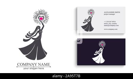 Il logo di una donna con i capelli in una lunga veste tenendo un cuore in fiamme nelle sue mani. Template vettoriale per bellezza affari o la concorrenza. Eleganza e c Illustrazione Vettoriale
