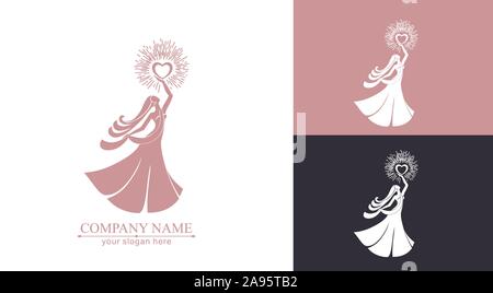Il logo di una donna con i capelli in una lunga veste tenendo un cuore in fiamme nelle sue mani. Template vettoriale per bellezza affari o la concorrenza. Eleganza e c Illustrazione Vettoriale