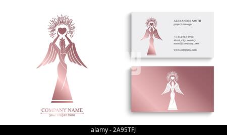 Il logo di una donna con ali tenendo un cuore nelle mani con raggi. La gentilezza e la misericordia. Figurina per la presentazione, il modello di un concorso di bellezza. Illustrazione Vettoriale