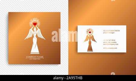 Il logo di una donna con ali tenendo un cuore nelle mani con raggi. La gentilezza e la misericordia. Figurina per la presentazione, il modello di un concorso di bellezza. Illustrazione Vettoriale