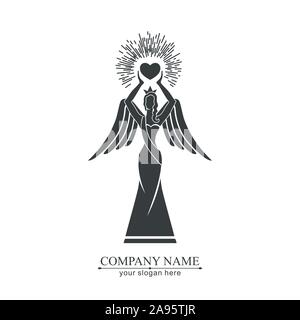 Il logo di una donna con ali tenendo un cuore nelle mani con raggi. La gentilezza e la misericordia. Figurina per la presentazione, il modello di un concorso di bellezza. Illustrazione Vettoriale